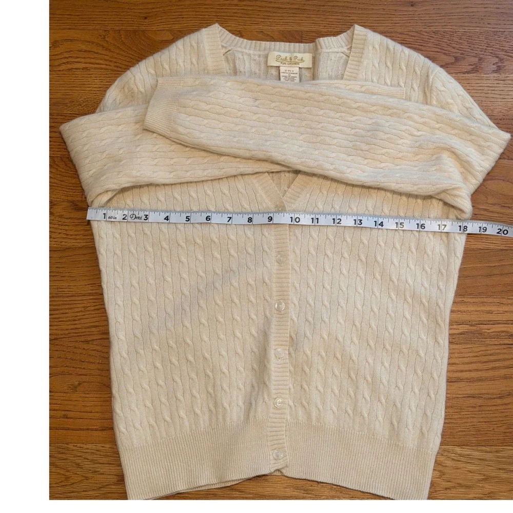 Peck & Peck Pure Cashmere Cable Knit Cardigan Cream Ivory V-Neck Sweater Medium
